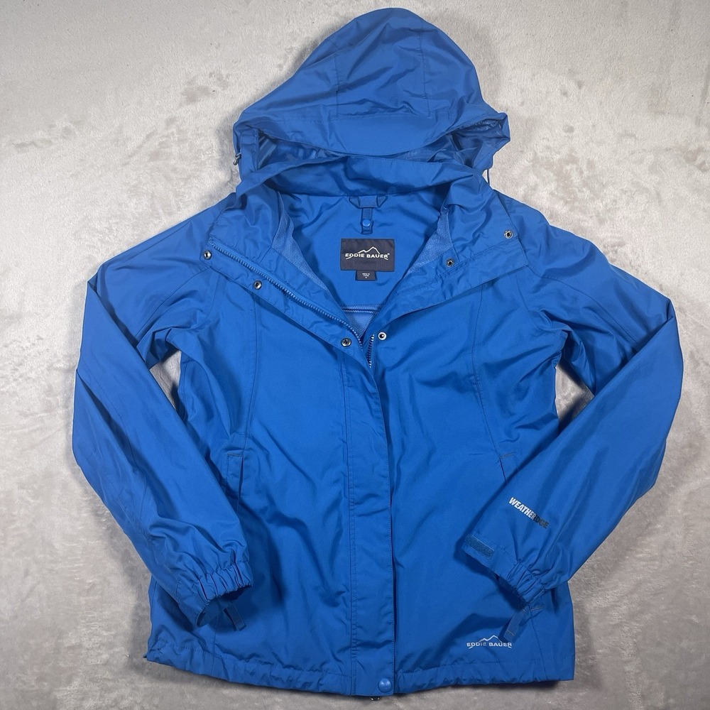 Eddie Bauer WeatherEdge Hooded Waterproof Rain Coat Jacket Mens Medium Blue - Picture 2 of 8